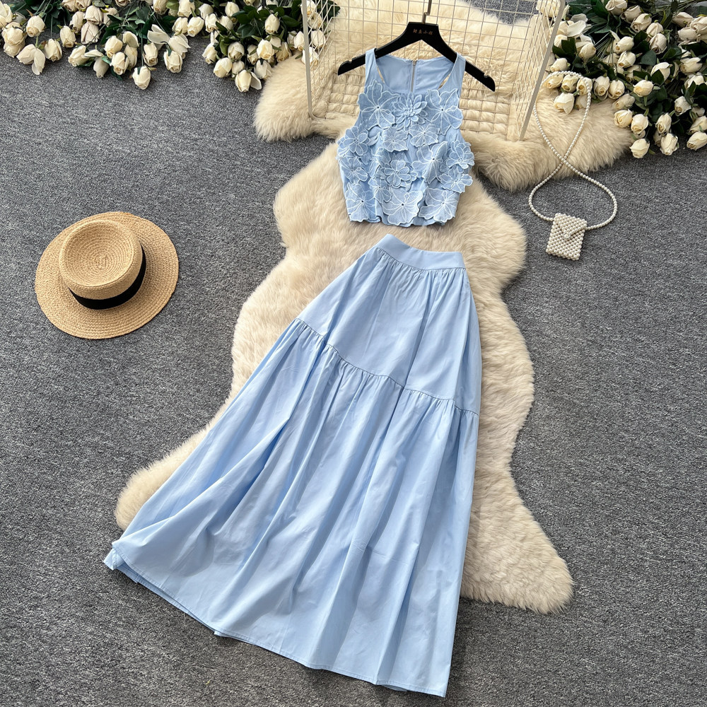 French Sweet Style Blue Vest and High Waisted Cake Skirt Two Piece Set for Women Summer Office Wear Slim Fit Elegant