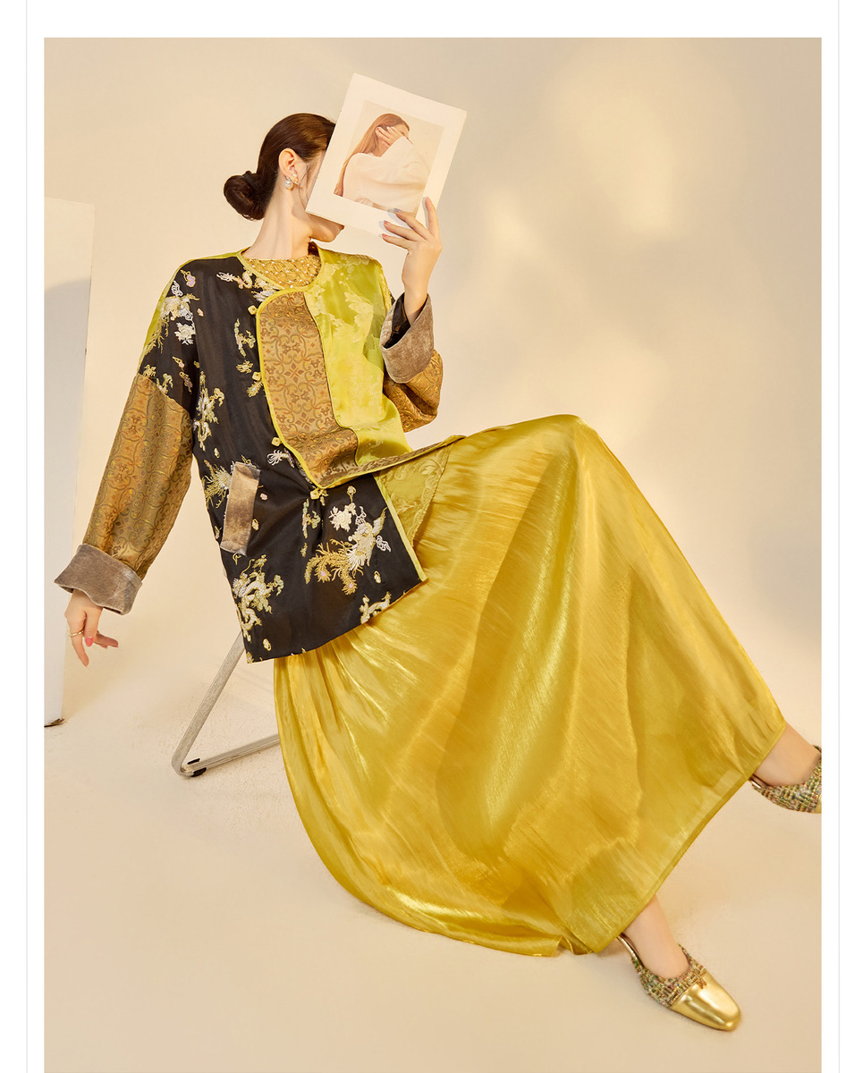 Đầm maxi nữ dài không tay cổ tròn đính cườm thêu hoa dáng tiên nữ — màu vàng kim, Xanh lá cây