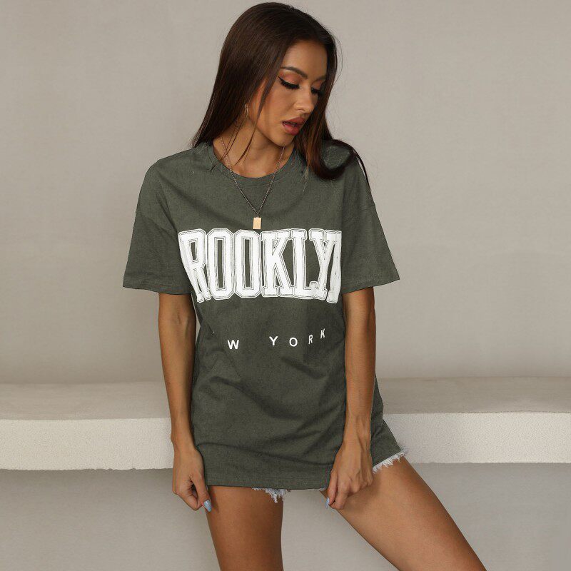 Loose Fit Printed Black T Shirt for Women Summer Style Round Neck Casual Wear Wholesale Available