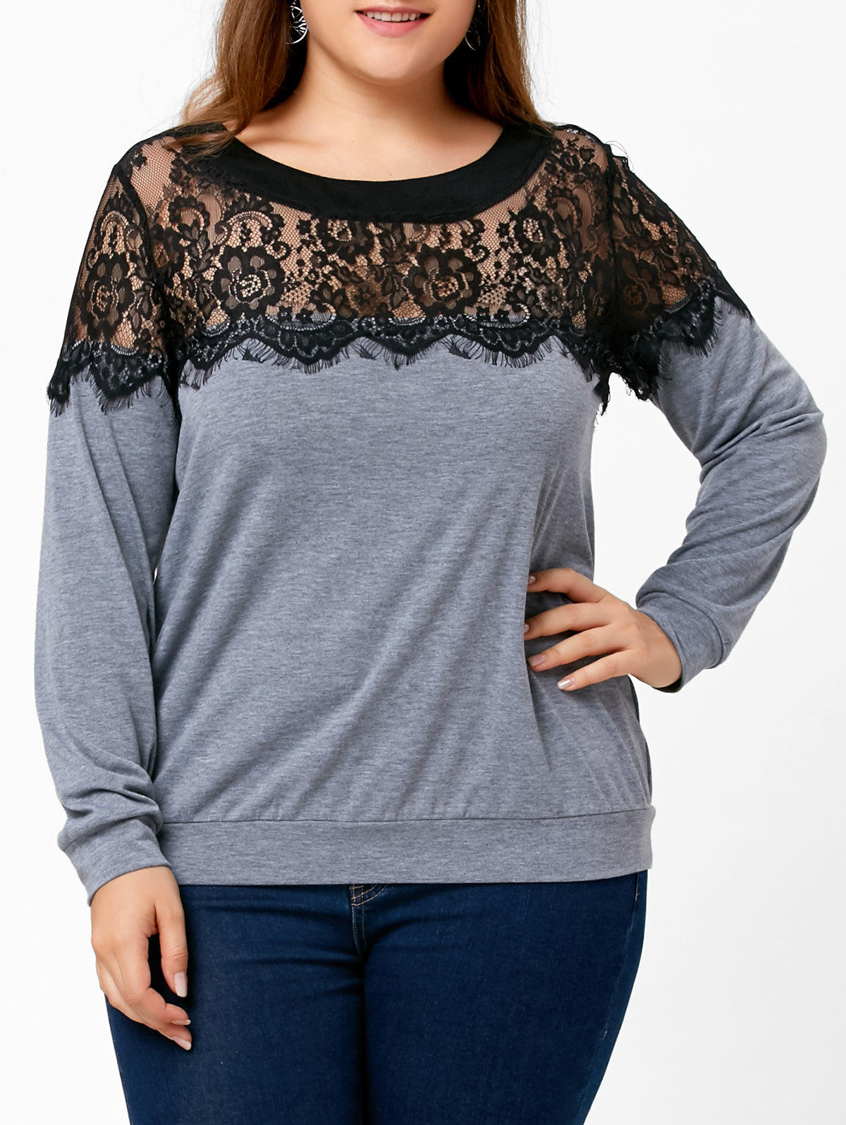 Plus Size Long Sleeve Lace Panel T Shirt Round Neck Stylish Design Comfortable Fabric Casual Wear Wholesale