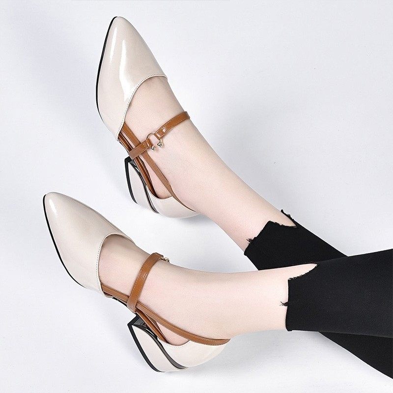 thick heel solid color pointed toe hollow fashion middle-aged and elderly women's shoes