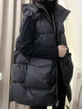 European-Style down Cotton Vest for Women, Autumn and Winter Korean Version, Loose Outerwear, Mid-Length Hooded Jacket, Trendy Vest