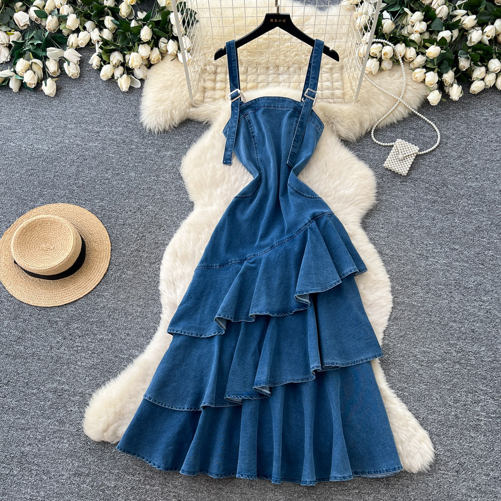 Korean Style Denim Ruffle Hem Maxi Dress Irregular Fish Tail Design Slim Fit Summer Fashion Wholesale Available