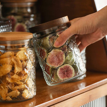 Vintage Transparent Glass Sealed Jar Begonia Flower with Lid snack Jar Tea Cereal Storage Candy Storage Jar Wholesale