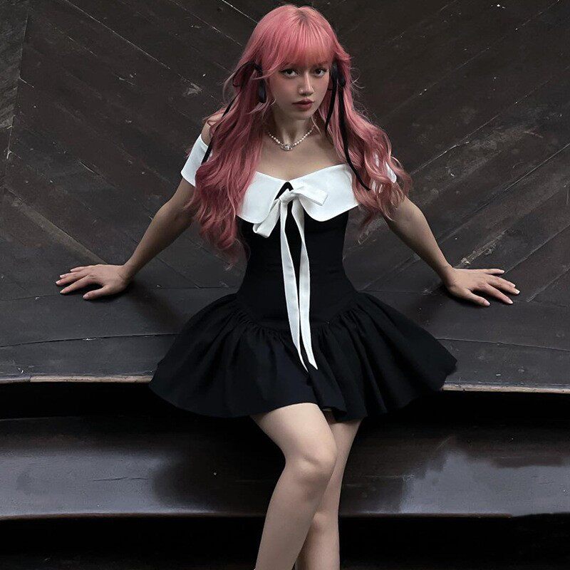 Off Shoulder Dress Butterfly Knot Tie Waist Defined Short Sleeve Autumn Winter Fashion for Women Wholesale Available