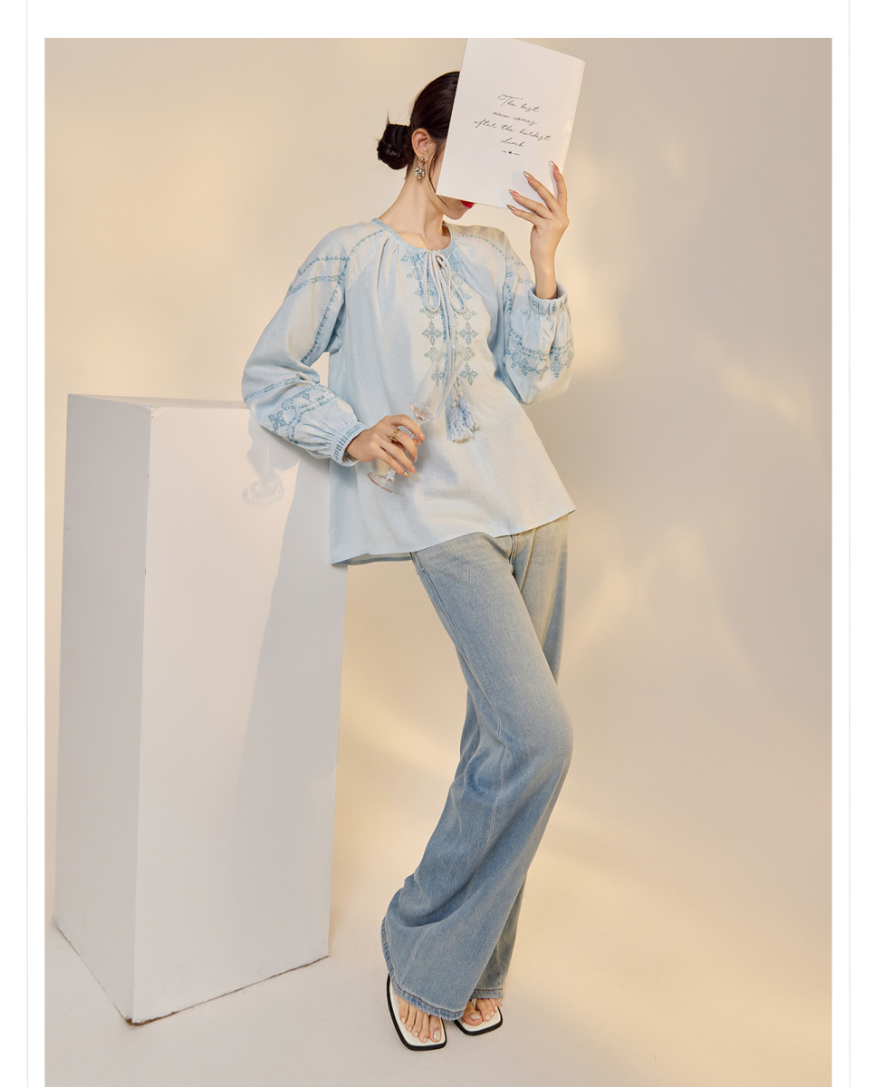 Áo sơ mi nữ linen dài tay thêu họa tiết dáng rộng — Màu trắng be, Màu xanh đậm, Màu xanh lam nhạt