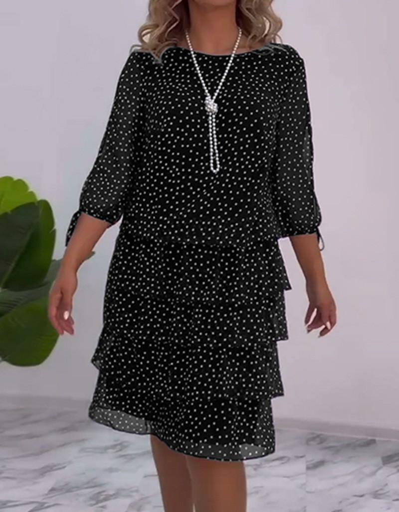 Elegant Floral Polka Dot Cake Dress Round Neck Short Sleeve Lightweight Fabric Perfect for Parties and Special