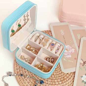 Square Jewelry Storage Box Travel Portable Jewelry Box Mini Leather Zipper Bag Portable Necklace Pendant Ring Box