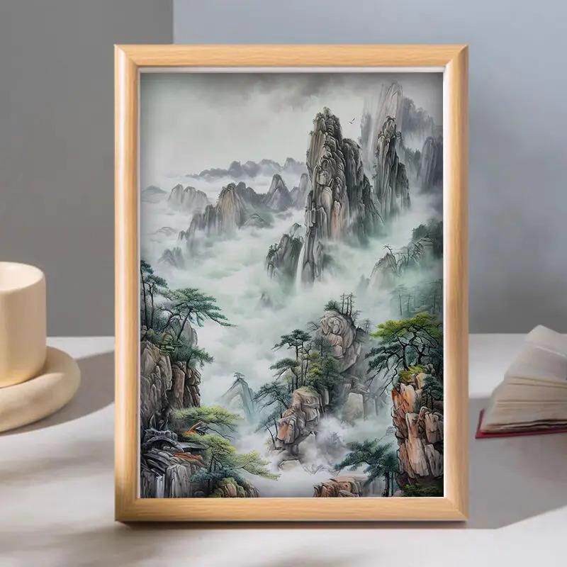 Chinese Style Ink Painting Desktop Ornaments Wooden Photo Frame Freehand Landscape Decoration Gift