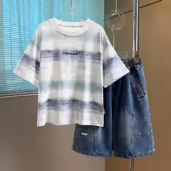 Boys Summer Tie-Dye Striped Letter T-Shirt Set Kids Denim Shorts Two-Piece Outfit for Big Boys Casual Trendy