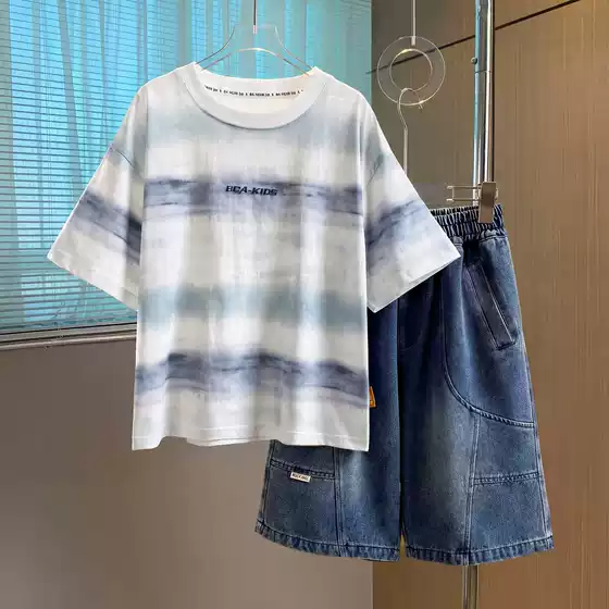 Boys Summer Tie-Dye Stripe Letter T-Shirt Set with Denim Shorts for Older Kids Casual Outfit
