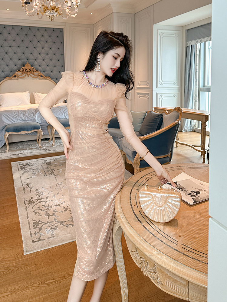 Đầm dạ hội vàng sang trọng dài tay đính đá phối lưới sequin tôn dáng — Màu vàng sương mù