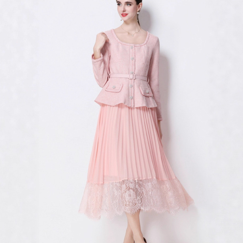 French Chic High End Long Sleeve Pleated Dress Waist Tie Color Block Design Elegant Style Perfect for Autumn and