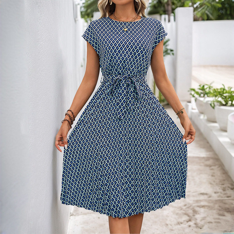 Geometric Print Short Sleeve Dress Minimalist Style Round Neck Comfortable Fabric Perfect for Casual Occasions OEM