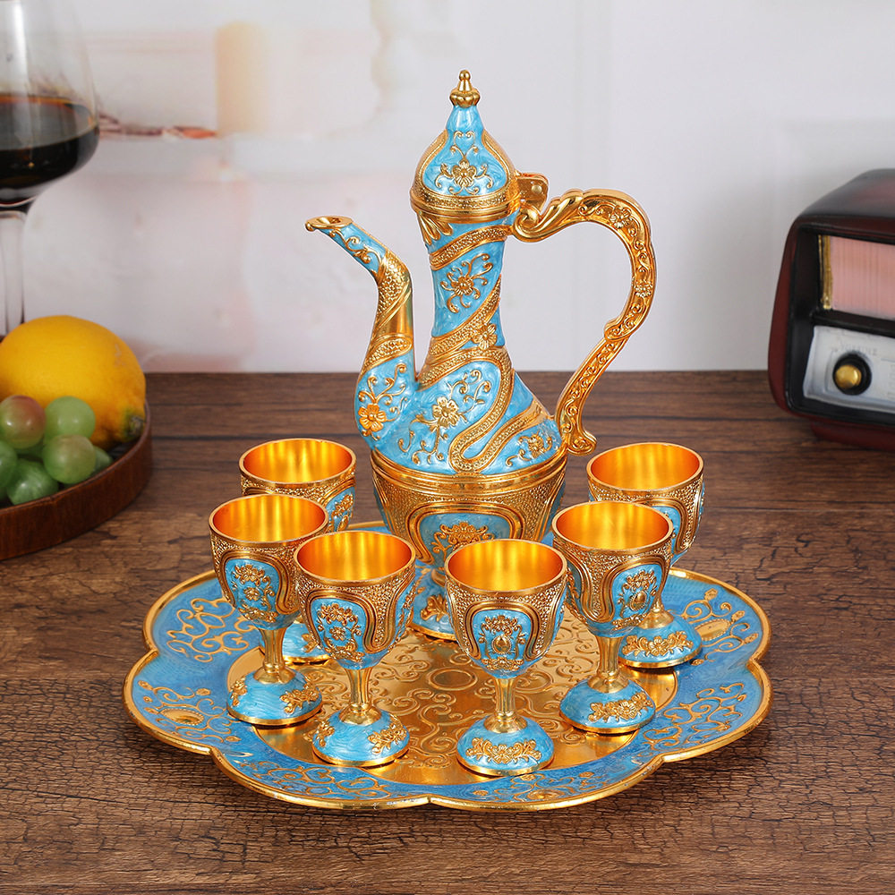 European-style Retro Liquor suit Household Creative Metal Cup Antique Wedding High-grade Old Wine Pot 8-piece Set for Delivery
