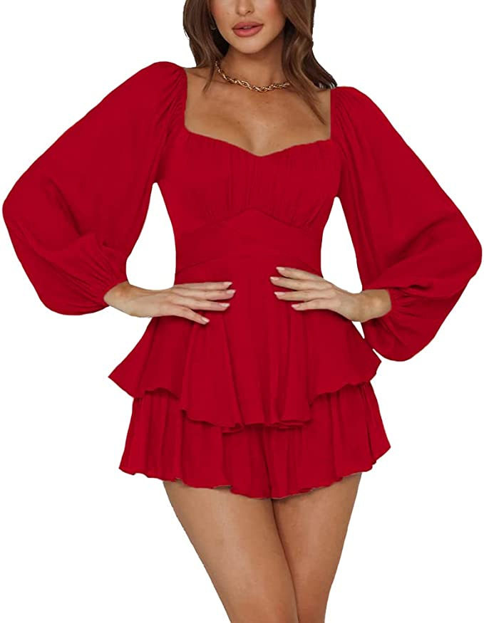 Womens Ruffled Jumpsuit Lantern Long Sleeves Square Neck Waist Cinching Chic Style Summer Casual Wear Wholesale