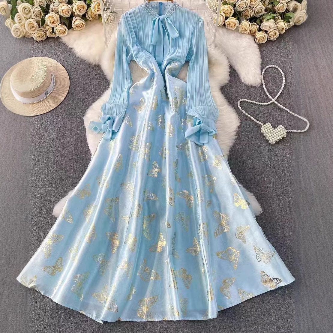 Elegant V Neck Dress with Bow Tie Luxurious Heavy Gold Print Flared A Line Gown for Formal Occasions Wholesale Available