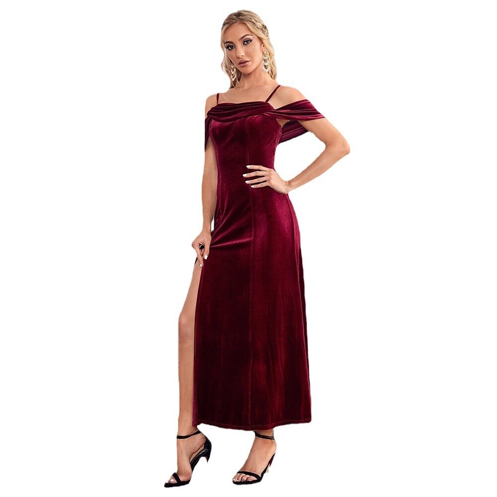 Velvet Long Dress Off Shoulder High Slit Elegant Versatile Evening Wear for Women Wholesale Available