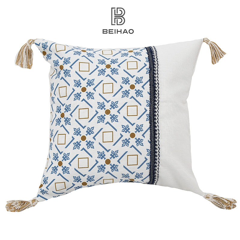 Cross-border Bohemian Ethnic Style Pillow Cushion Cover Blue Tassel Pillow Cover Sofa Pillow Cover