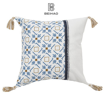 Cross-border Bohemian Ethnic Style Pillow Cushion Cover Blue Tassel Pillow Cover Sofa Pillow Cover