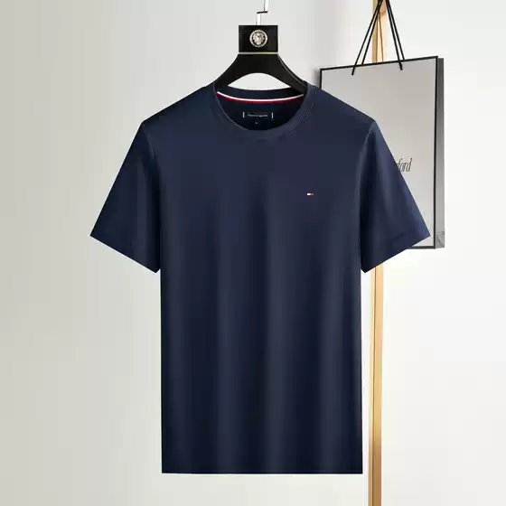 Foreign Trade Original Order 25 Tommy Tommy Men's Short-Sleeved Pure Cotton Round Neck Slim Pure Color Small Label Embroidered Bottoming Shirt