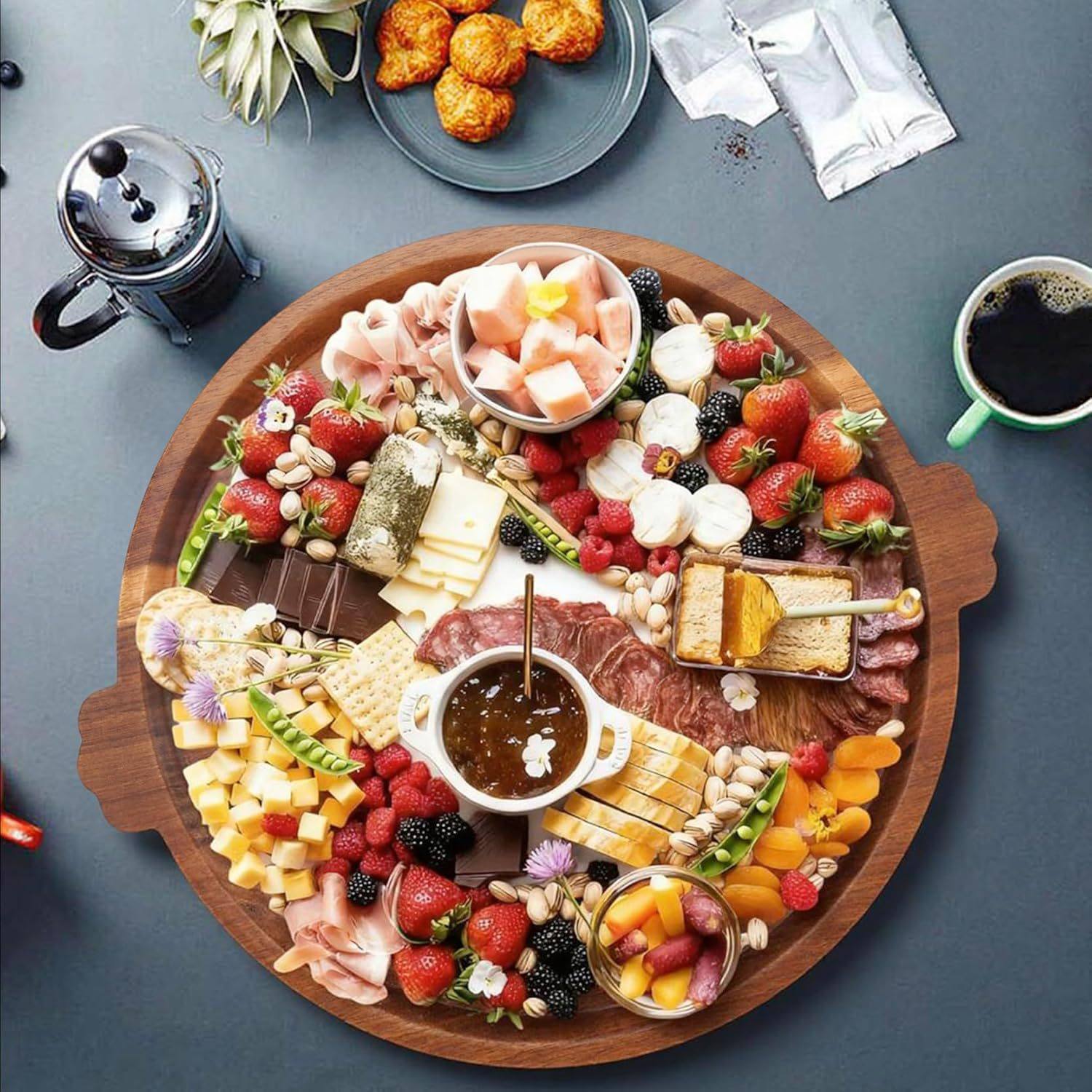 Japanese-Style Round Acacia Wood Household Serving Tray Coffee Table Decoration Tray Kitchen Pizza Tray Household Dried Fruit Tray