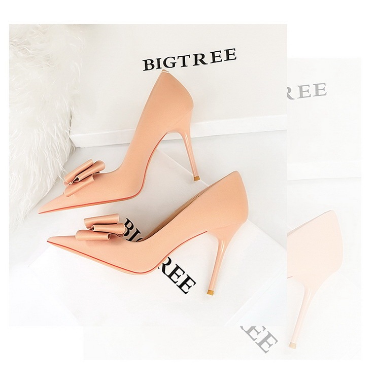 Giày cao gót nữ mũi nhọn chất liệu satin thắt nơ, giày dự tiệc thanh lịch — Màu đen, Màu đỏ hoa hồng, Màu đỏ rượu, Màu hồng