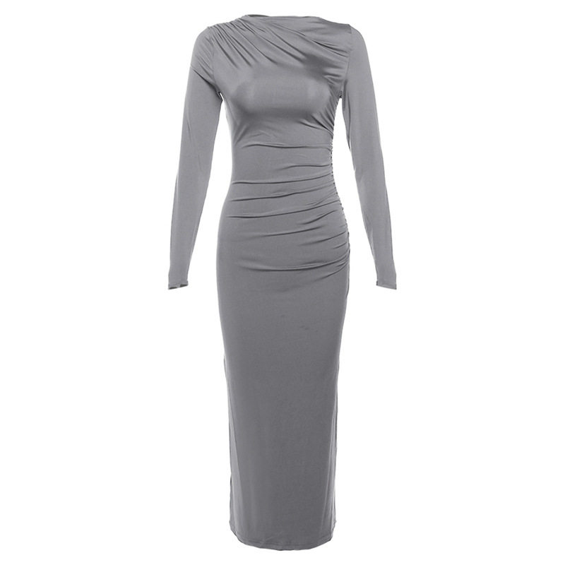 Womens Spring Dress Fashionable Solid Color Long Sleeve Slim Fit Round Neck Perfect for Casual or Formal Occasions