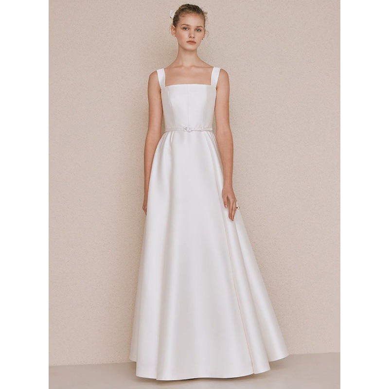 韩式轻婚纱旅拍缎面吊带方领简约级感主持人宴会气质晚礼服 - 图1