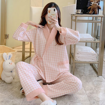 Postpartum Clothing Kimono Large Size Layered Air Cotton Maternity Nursing Pajamas Warm Breastfeeding Postpartum Loungewear Houndstooth Pattern