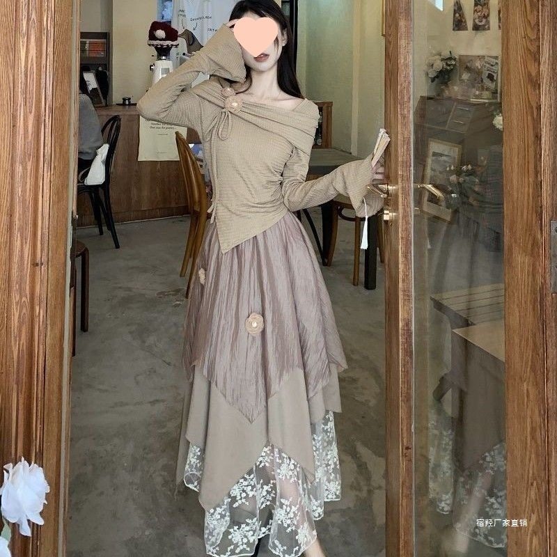 Trendy Two-Piece Set for Women: Autumn Design with a Slim-Fit Off-Shoulder Top and Irregular Skirt with an Atmospheric Feel