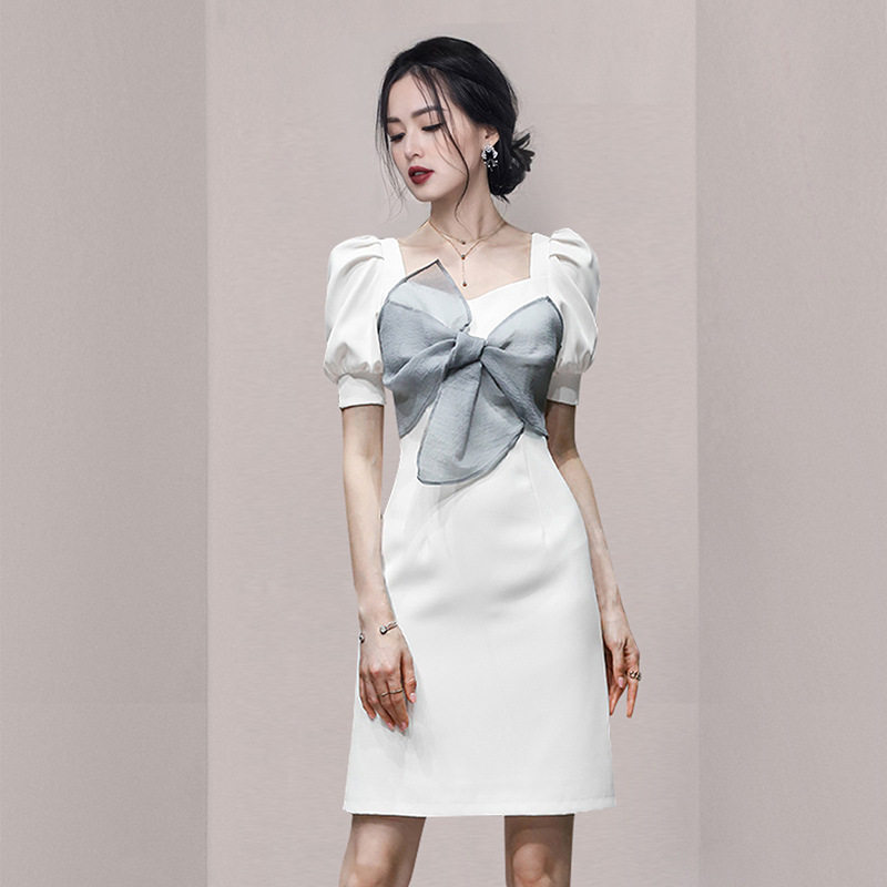 Đầm suông nữ midi tay ngắn cổ vuông chất polyester — Trắng, Đen chi tiết 7