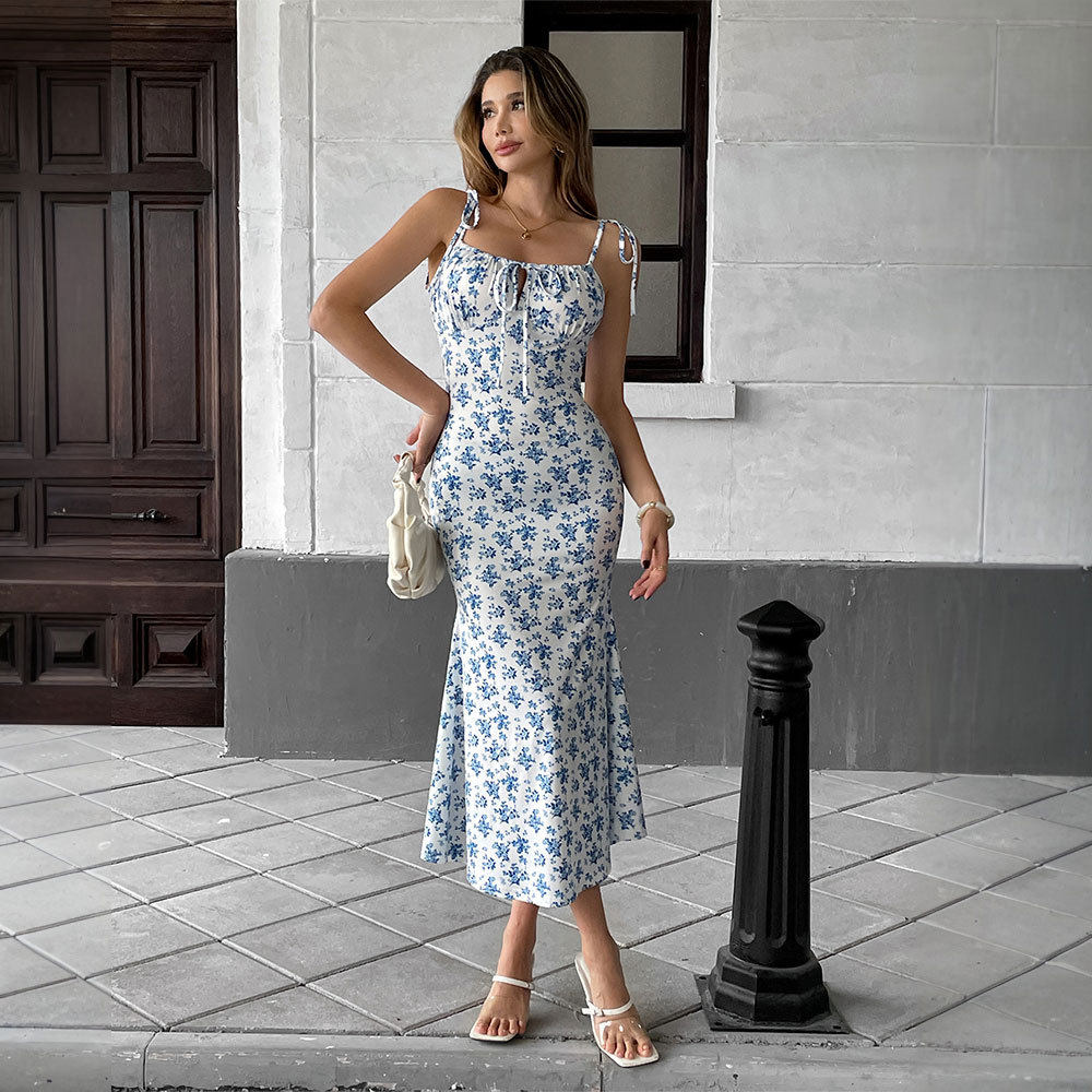 Summer Floral Print Maxi Dress Sweet Design Slim Fit Spaghetti Straps Casual Wear for Women Wholesale Available