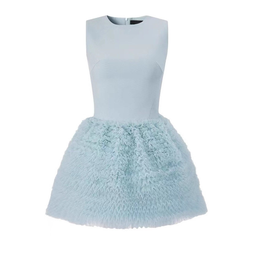 Váy mini chữ A cổ tròn không tay cạp cao chất liệu tulle — Xanh thiên thanh chi tiết 6