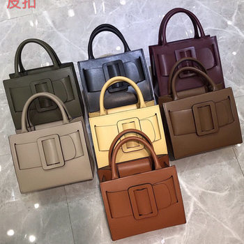 Factory wholesale vintage leather color matching handbag BOYY23 metal square buckle cowhide bucket bag crossbody women's bag