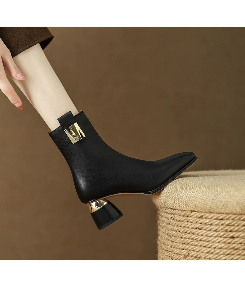 Boot nữ cổ vừa gót thô phong cách cổ điển, mũi tròn, khóa kéo bên, phối đồ dễ dàng — Màu đen, Màu kaki