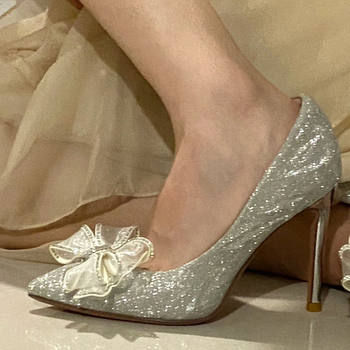 Pointed rhinestone bow adult gift stiletto heel women's high heels 2024 New Western style all-match Crystal sequined wedding shoes