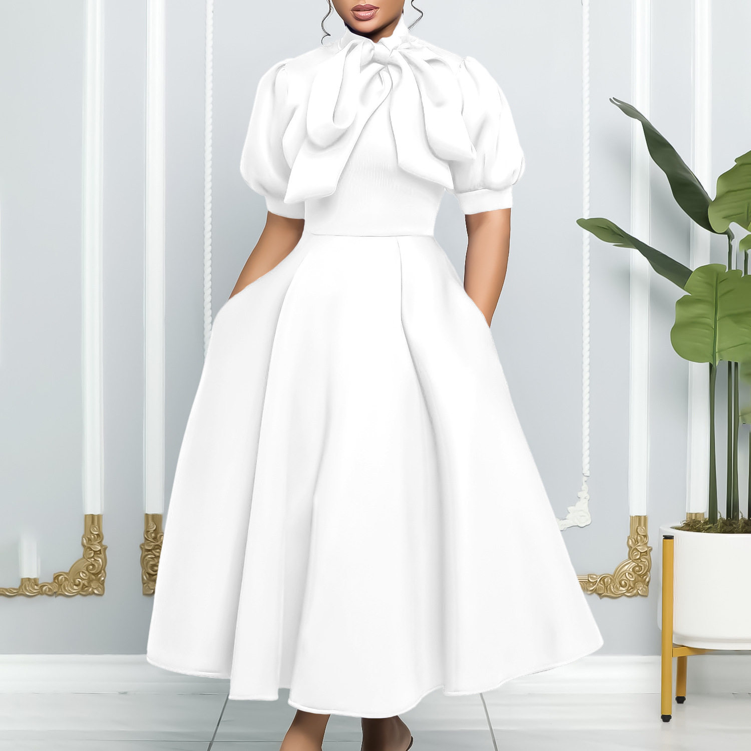Summer Womens Short Sleeve Bow Tie A Line Party Dress Elegant Design Comfortable Fabric Versatile for Events