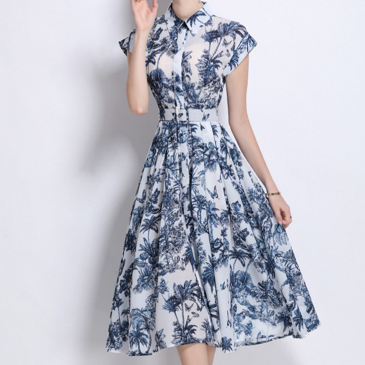 Vintage French Style Floral Short Sleeve Dress Waist Defining Flowy A Line Elegant for Summer Wholesale Available