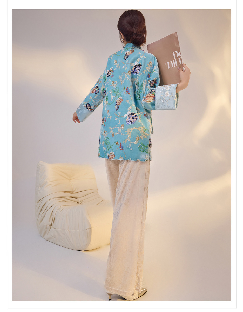 Áo sơ mi nữ dài tay cổ đứng thêu hoa đính sequin chất liệu satin mềm — Tianshuiqing (phát hành cùng ngày), Tianshuiqing (tóc 7 ngày)