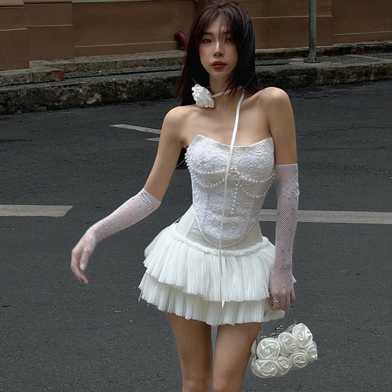 Summer Womens Pearl Chain Bustier Top and Fringe Mini Skirt Set European Style Chic Design Trendy Outfit Wholesale