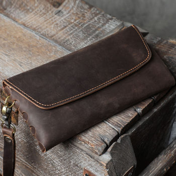 New Simple Crazy Horse Cowhide Clutch Men's Retro Wallet Large Capacity Mobile Phone Bag Handmade Genuine Leather European and American