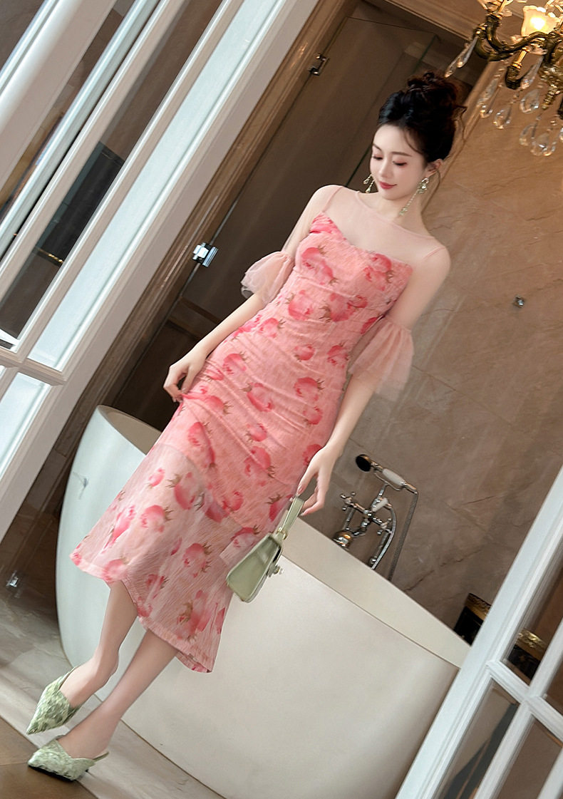 Đầm ôm body nữ tay loe họa tiết hoa phong cách Pháp — [Hồng] chi tiết 6