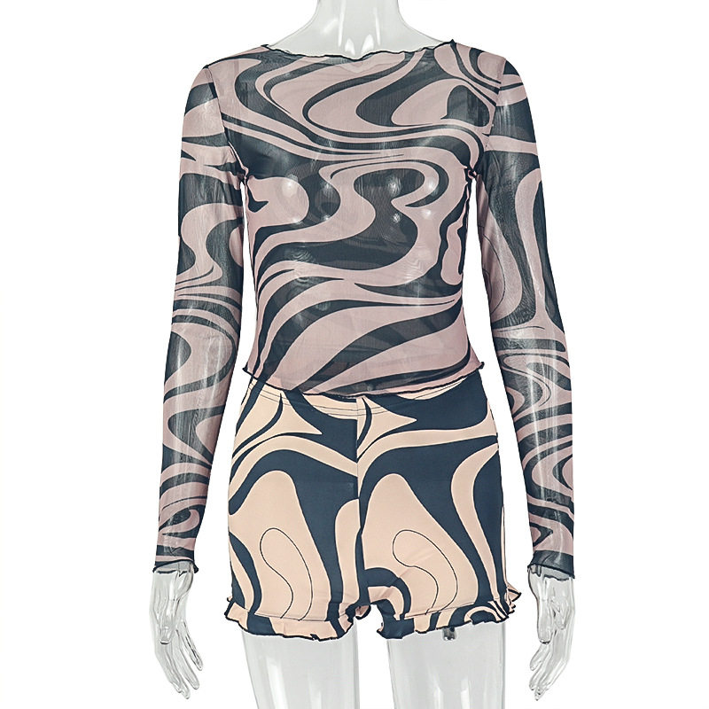 Fashion Womens Floral Print Long Sleeve T Shirt and Slim Fit Shorts Set Casual Chic Style for Everyday Wear Wholesale