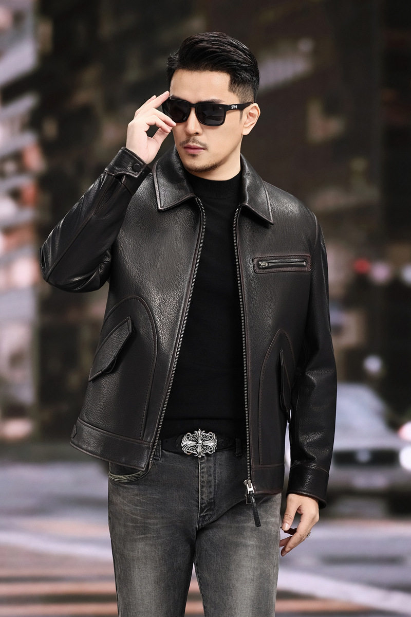Áo Khoác Da Thật Nam Da Dê Sơn Màu Kiểu Motor Biker Cổ Bẻ Ngắn Màu Đen