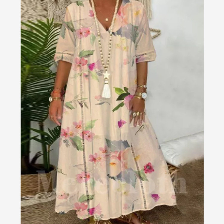 Summer Womens Long Dress Floral Print Lace Trim Elegant Style Perfect for Casual Outings Wholesale Available