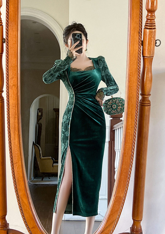 Váy Đầm Nhung Nữ Cổ chữ Vuông Tay Dài Ôm Dáng Xẻ Tà Đính Đá Màu Xanh Lá chi tiết 8