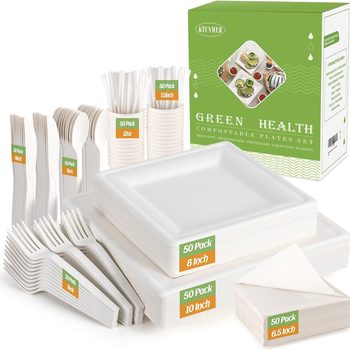 Cross-border export 300/400PCS degradable environmentally friendly pulp bagasse square plate PLA knife, fork and spoon tableware suit