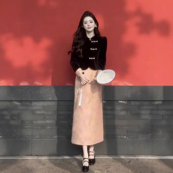 New Chinese Style National Style high quality Autumn Elegant Slimming Inclined Access Control Short Top Jacket Jacket Skirt Two-piece Set for Women