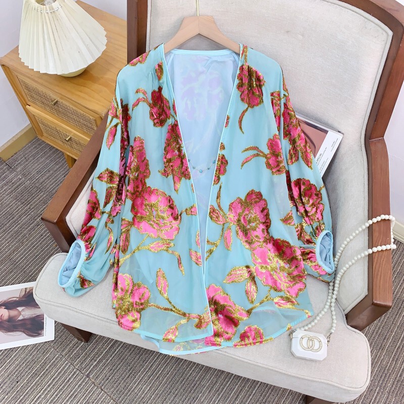 Áo cardigan nữ dệt vải họa tiết in hoa cổ chữ V dáng rộng — Bắc Kinh xanh, mạ vàng, màu son, màu vàng chanh